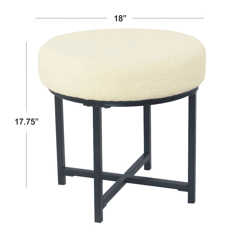 Puf redondo, piel sintética de oveja color crema, base de metal negro mate, asiento individual