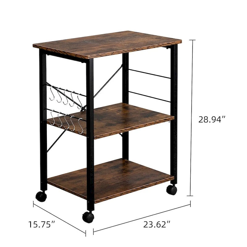Carro de cocina rodante de 3 niveles con ganchos, marrón / marrón oscuro / beige claro
