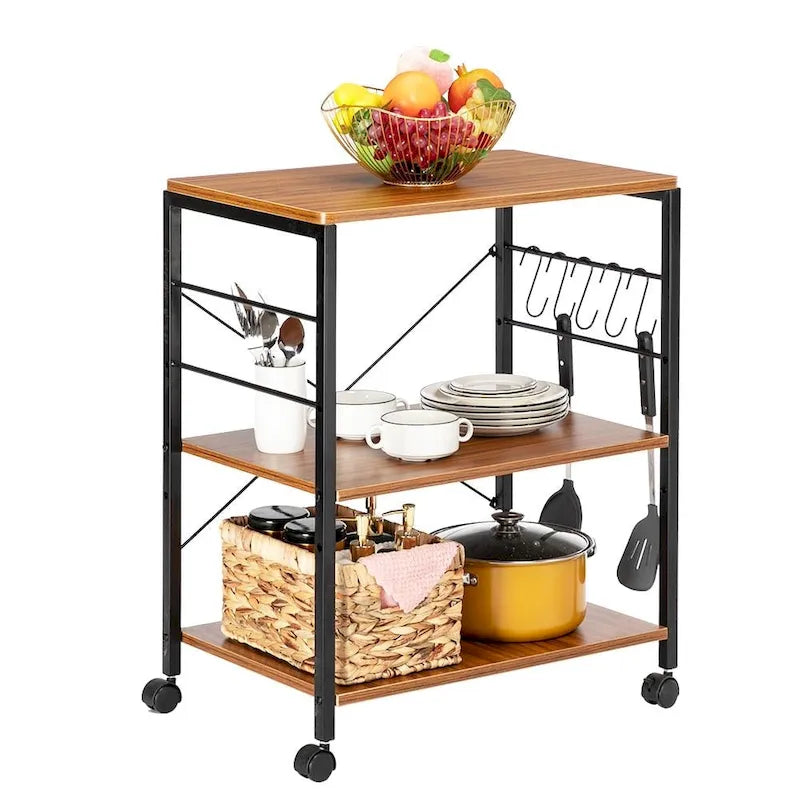 Carro de cocina rodante de 3 niveles con ganchos, marrón / marrón oscuro / beige claro