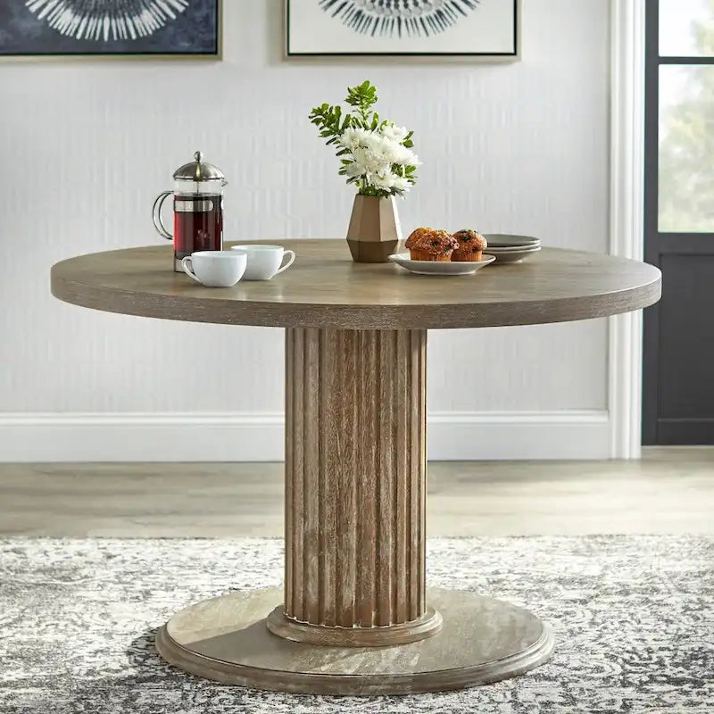 Mesa de comedor redonda con pedestal de madera natural recuperada