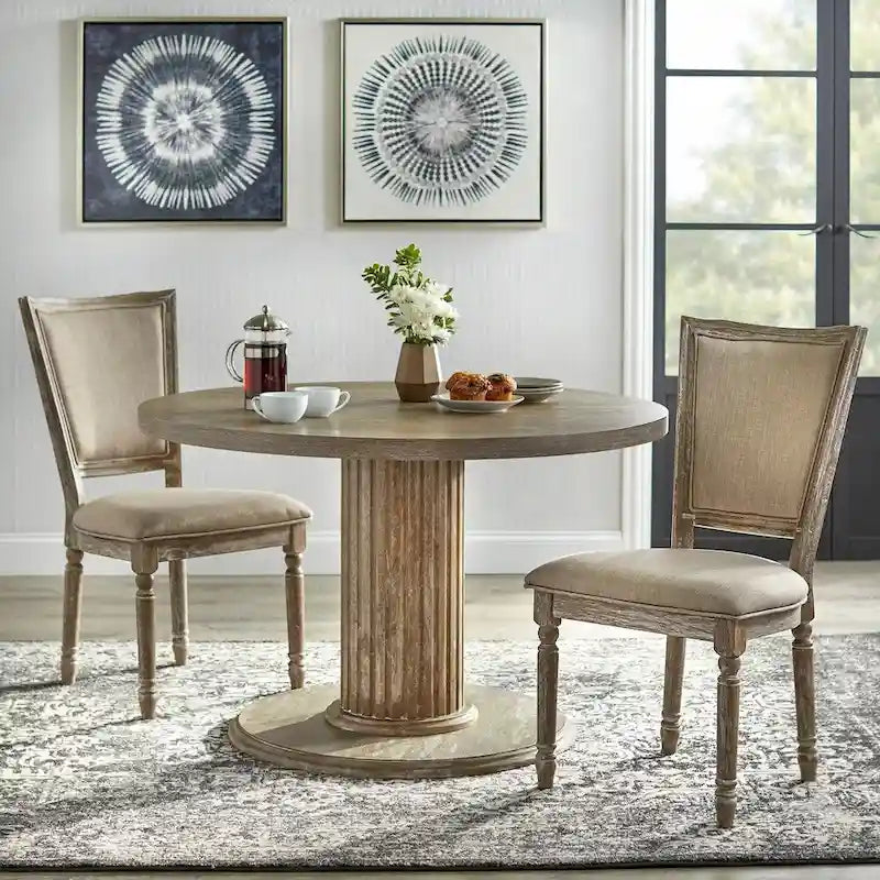Mesa de comedor redonda con pedestal de madera natural recuperada