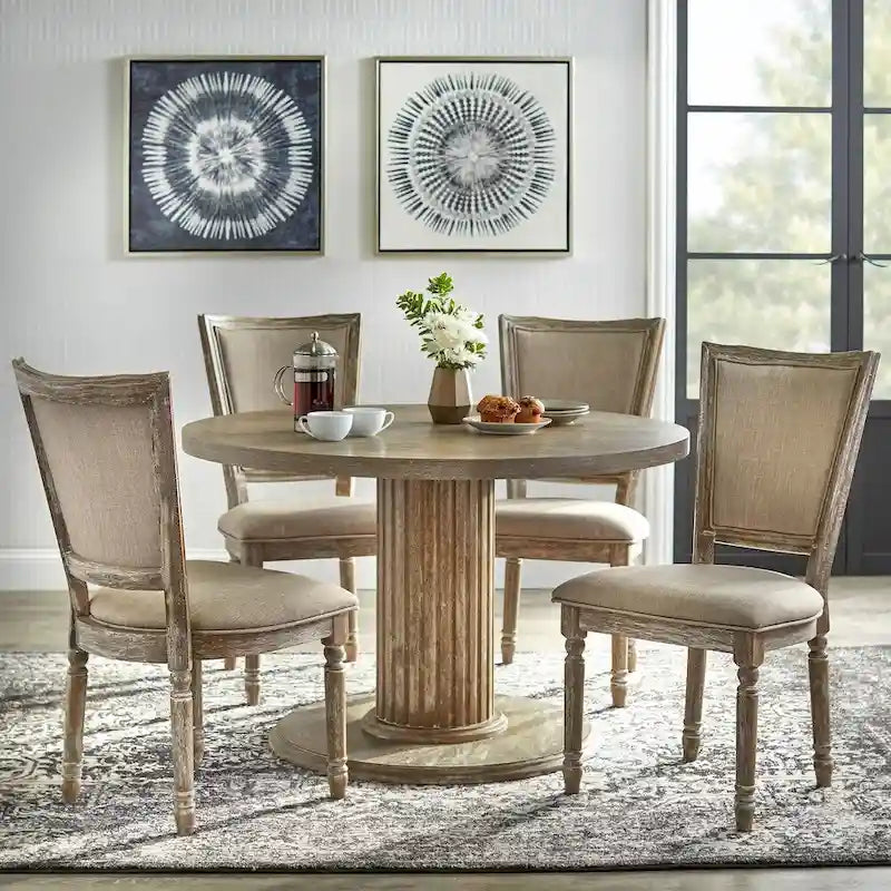 Mesa de comedor redonda con pedestal de madera natural recuperada