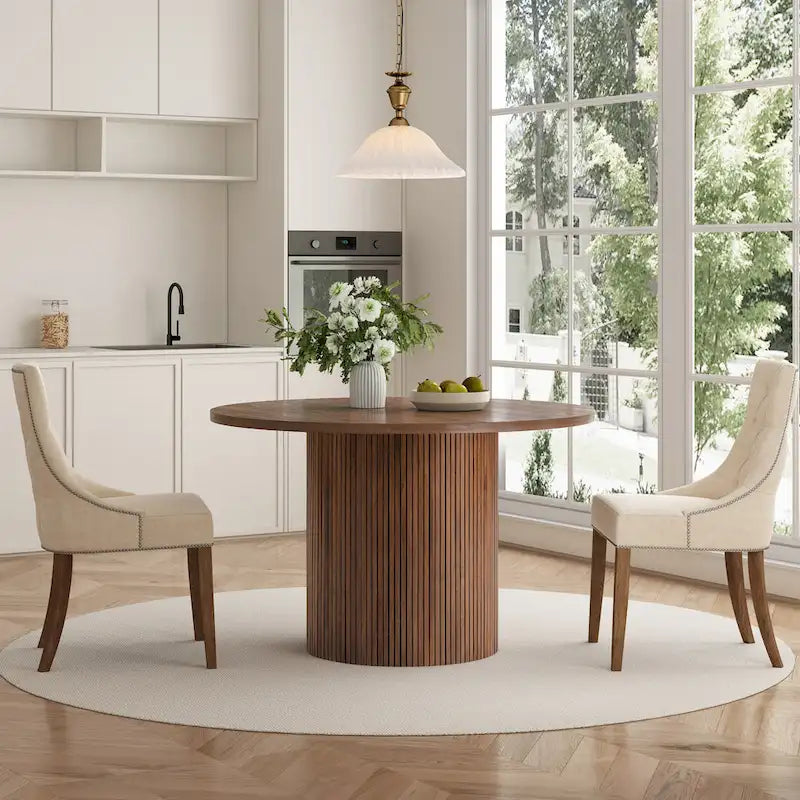 Mesa de comedor redonda de roble, madera maciza, 4-6 plazas
