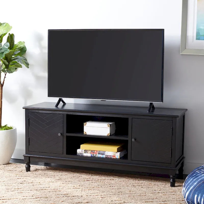 Mueble TV / Media con 2 puertas, 2 estantes, en Marrón / Negro / Blanco envejecido / Greige