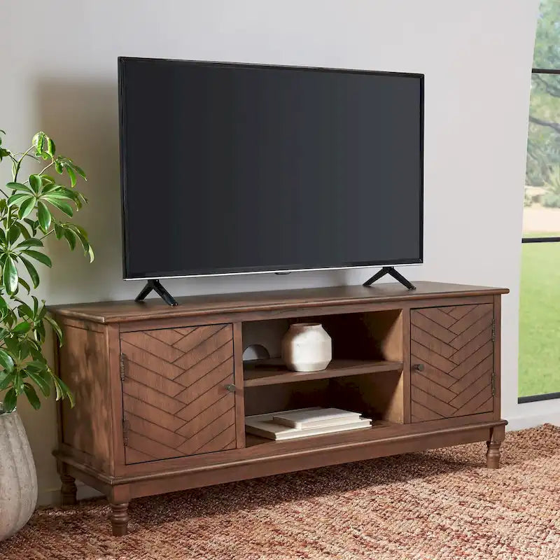 Mueble TV / Media con 2 puertas, 2 estantes, en Marrón / Negro / Blanco envejecido / Greige