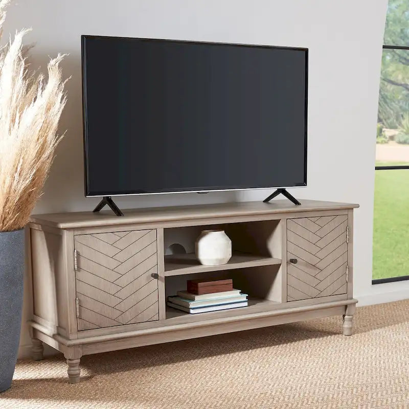 Mueble TV / Media con 2 puertas, 2 estantes, en Marrón / Negro / Blanco envejecido / Greige