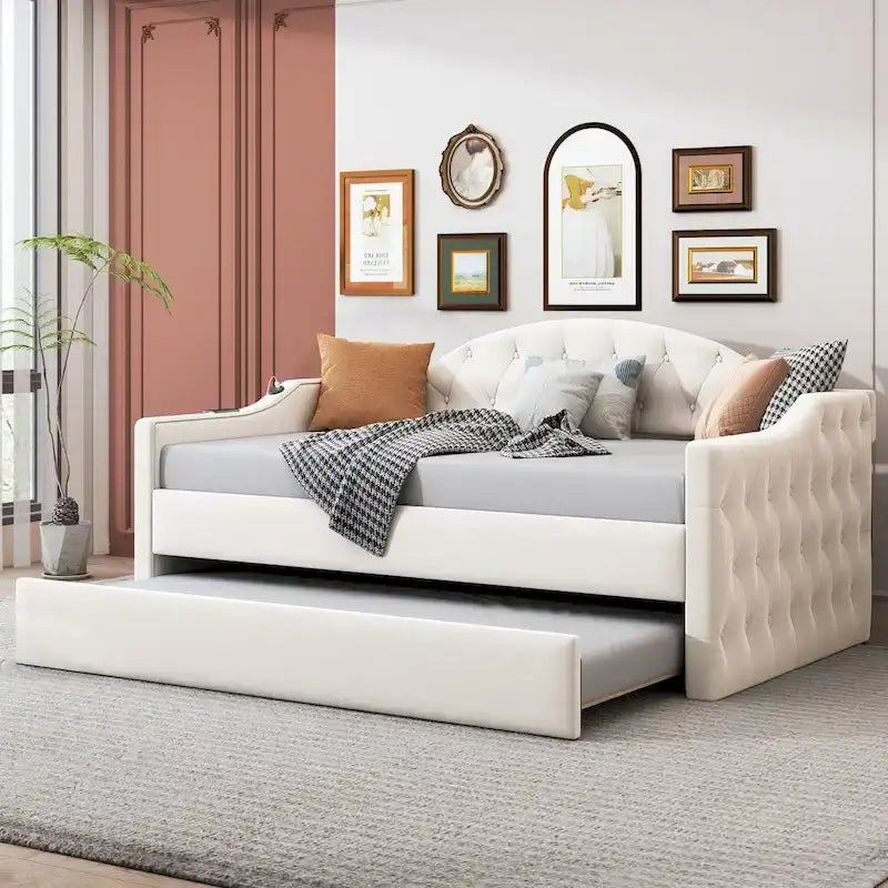 Sofá Cama Tapizado de Terciopelo Beige/Rosa/Gris con Nido, Tamaño Twin, Asientos/Capacidad para 2