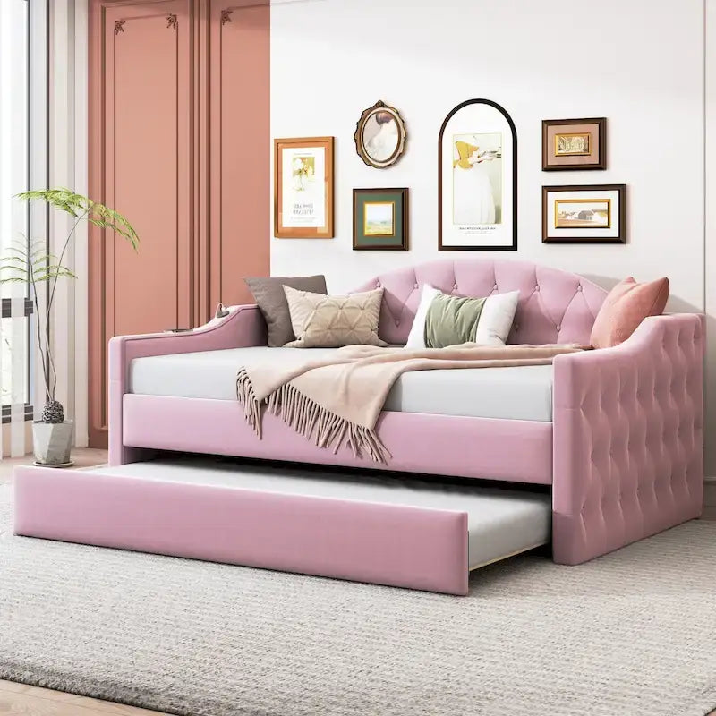 Sofá Cama Tapizado de Terciopelo Beige/Rosa/Gris con Nido, Tamaño Twin, Asientos/Capacidad para 2