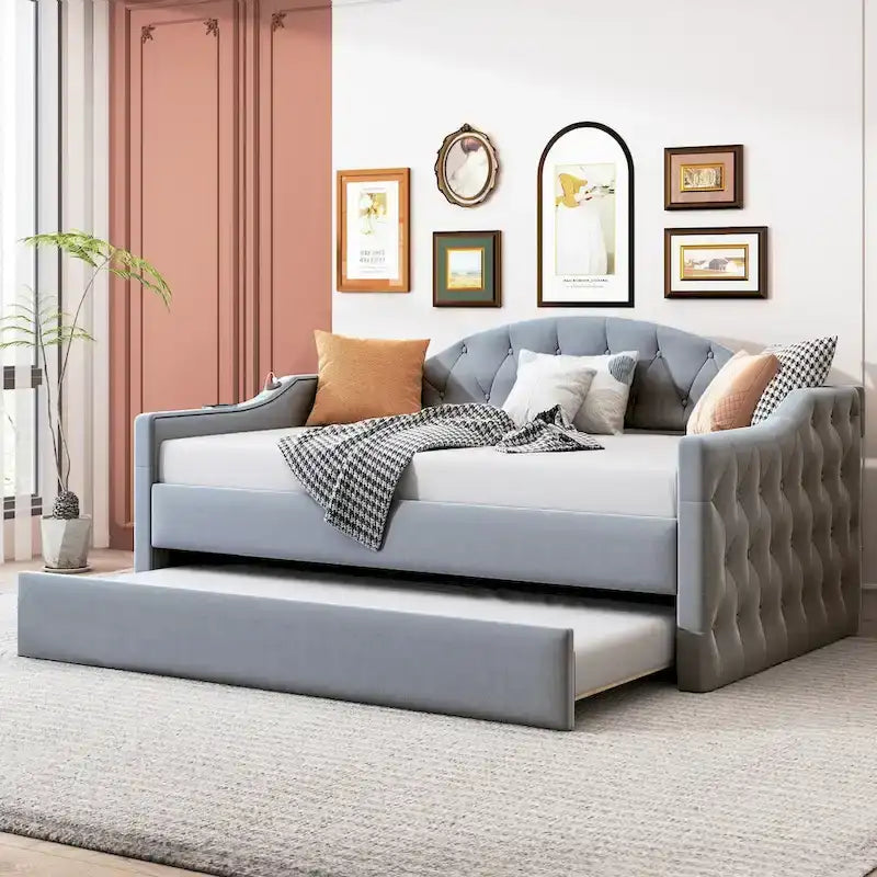Sofá Cama Tapizado de Terciopelo Beige/Rosa/Gris con Nido, Tamaño Twin, Asientos/Capacidad para 2