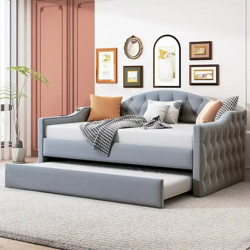 Sofá Cama Tapizado de Terciopelo Beige/Rosa/Gris con Nido, Tamaño Twin, Asientos/Capacidad para 2