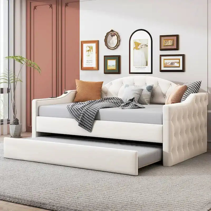 Sofá Cama Tapizado de Terciopelo Beige/Rosa/Gris con Nido, Tamaño Twin, Asientos/Capacidad para 2