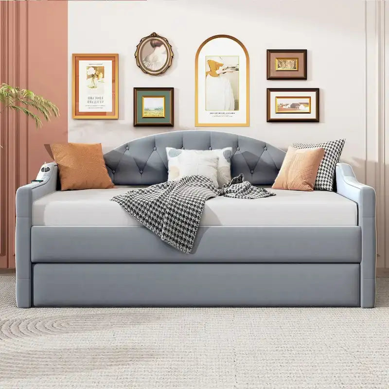 Sofá Cama Tapizado de Terciopelo Beige/Rosa/Gris con Nido, Tamaño Twin, Asientos/Capacidad para 2