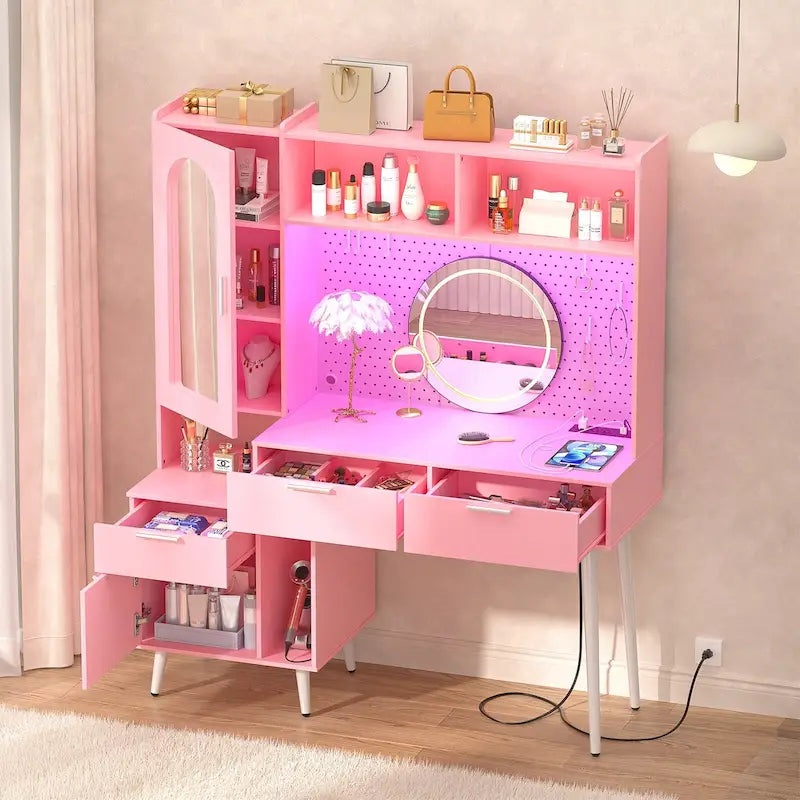 Tocador de Maquillaje Blanco/Cian/Rosa/Negro con Tablero Perforado y Estantería, Luz LED y Estación de Carga, 1 Persona