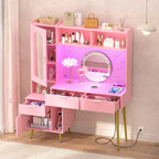 Tocador de Maquillaje Blanco/Cian/Rosa/Negro con Tablero Perforado y Estantería, Luz LED y Estación de Carga, 1 Persona