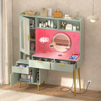 Tocador de Maquillaje Blanco/Cian/Rosa/Negro con Tablero Perforado y Estantería, Luz LED y Estación de Carga, 1 Persona