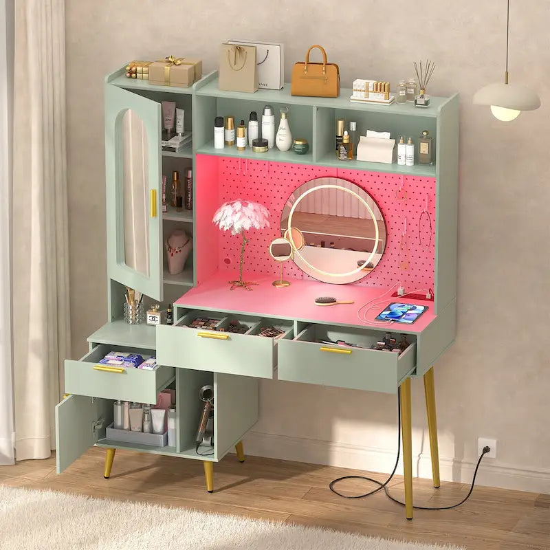 Tocador de Maquillaje Blanco/Cian/Rosa/Negro con Tablero Perforado y Estantería, Luz LED y Estación de Carga, 1 Persona