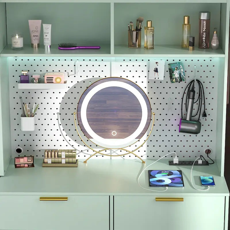 Tocador de Maquillaje Blanco/Cian/Rosa/Negro con Tablero Perforado y Estantería, Luz LED y Estación de Carga, 1 Persona