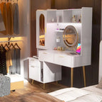 Tocador de Maquillaje Blanco/Cian/Rosa/Negro con Tablero Perforado y Estantería, Luz LED y Estación de Carga, 1 Persona