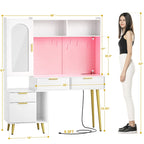 Tocador de Maquillaje Blanco/Cian/Rosa/Negro con Tablero Perforado y Estantería, Luz LED y Estación de Carga, 1 Persona