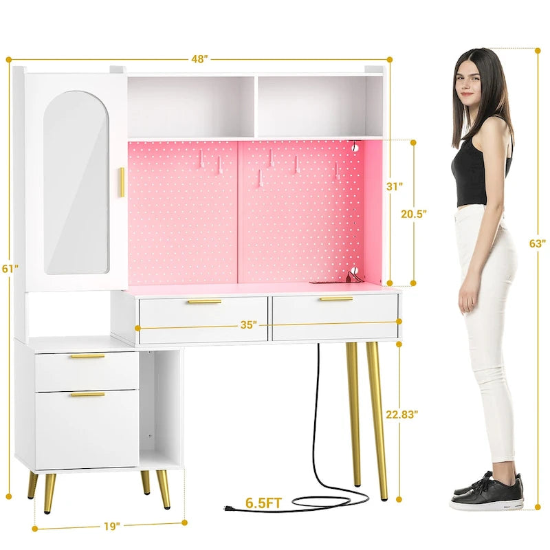 Tocador de Maquillaje Blanco/Cian/Rosa/Negro con Tablero Perforado y Estantería, Luz LED y Estación de Carga, 1 Persona