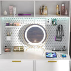 Tocador de Maquillaje Blanco/Cian/Rosa/Negro con Tablero Perforado y Estantería, Luz LED y Estación de Carga, 1 Persona