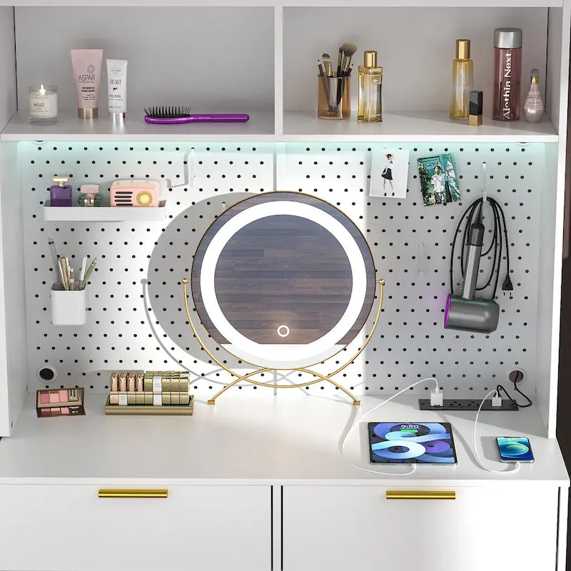 Tocador de Maquillaje Blanco/Cian/Rosa/Negro con Tablero Perforado y Estantería, Luz LED y Estación de Carga, 1 Persona
