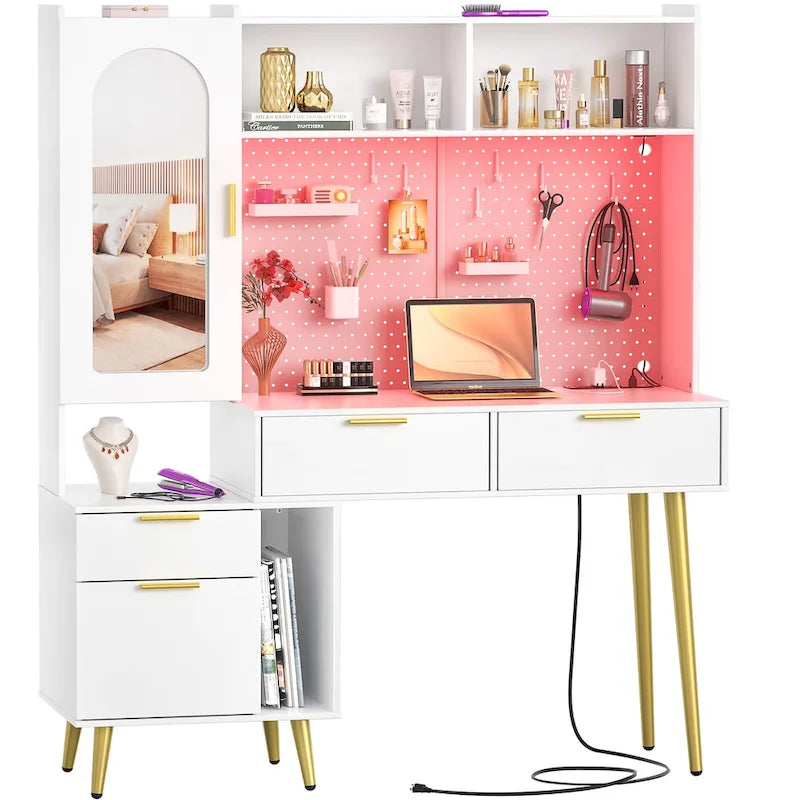 Tocador de Maquillaje Blanco/Cian/Rosa/Negro con Tablero Perforado y Estantería, Luz LED y Estación de Carga, 1 Persona