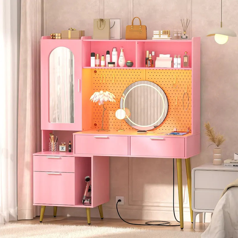 Tocador de Maquillaje Blanco/Cian/Rosa/Negro con Tablero Perforado y Estantería, Luz LED y Estación de Carga, 1 Persona