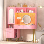 Tocador de Maquillaje Blanco/Cian/Rosa/Negro con Tablero Perforado y Estantería, Luz LED y Estación de Carga, 1 Persona