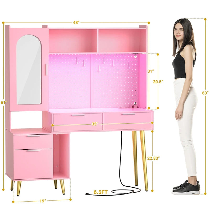 Tocador de Maquillaje Blanco/Cian/Rosa/Negro con Tablero Perforado y Estantería, Luz LED y Estación de Carga, 1 Persona