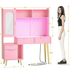 Tocador de Maquillaje Blanco/Cian/Rosa/Negro con Tablero Perforado y Estantería, Luz LED y Estación de Carga, 1 Persona