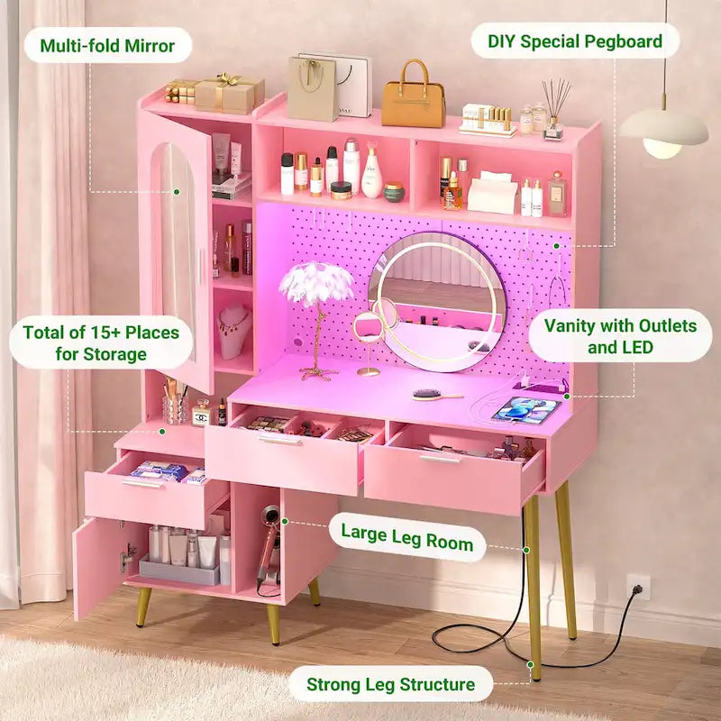 Tocador de Maquillaje Blanco/Cian/Rosa/Negro con Tablero Perforado y Estantería, Luz LED y Estación de Carga, 1 Persona