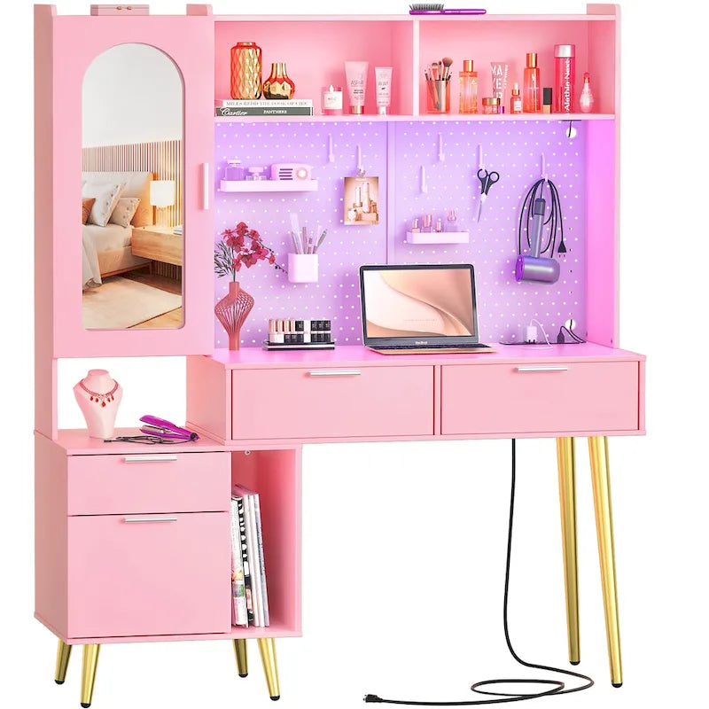 Tocador de Maquillaje Blanco/Cian/Rosa/Negro con Tablero Perforado y Estantería, Luz LED y Estación de Carga, 1 Persona
