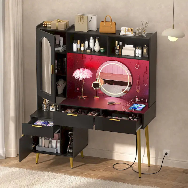 Tocador de Maquillaje Blanco/Cian/Rosa/Negro con Tablero Perforado y Estantería, Luz LED y Estación de Carga, 1 Persona