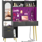 Tocador de Maquillaje Blanco/Cian/Rosa/Negro con Tablero Perforado y Estantería, Luz LED y Estación de Carga, 1 Persona