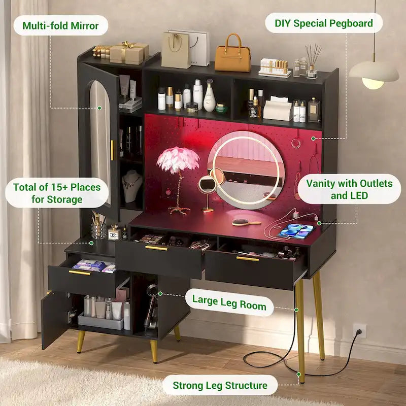 Tocador de Maquillaje Blanco/Cian/Rosa/Negro con Tablero Perforado y Estantería, Luz LED y Estación de Carga, 1 Persona