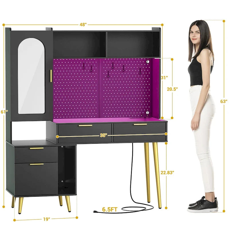 Tocador de Maquillaje Blanco/Cian/Rosa/Negro con Tablero Perforado y Estantería, Luz LED y Estación de Carga, 1 Persona