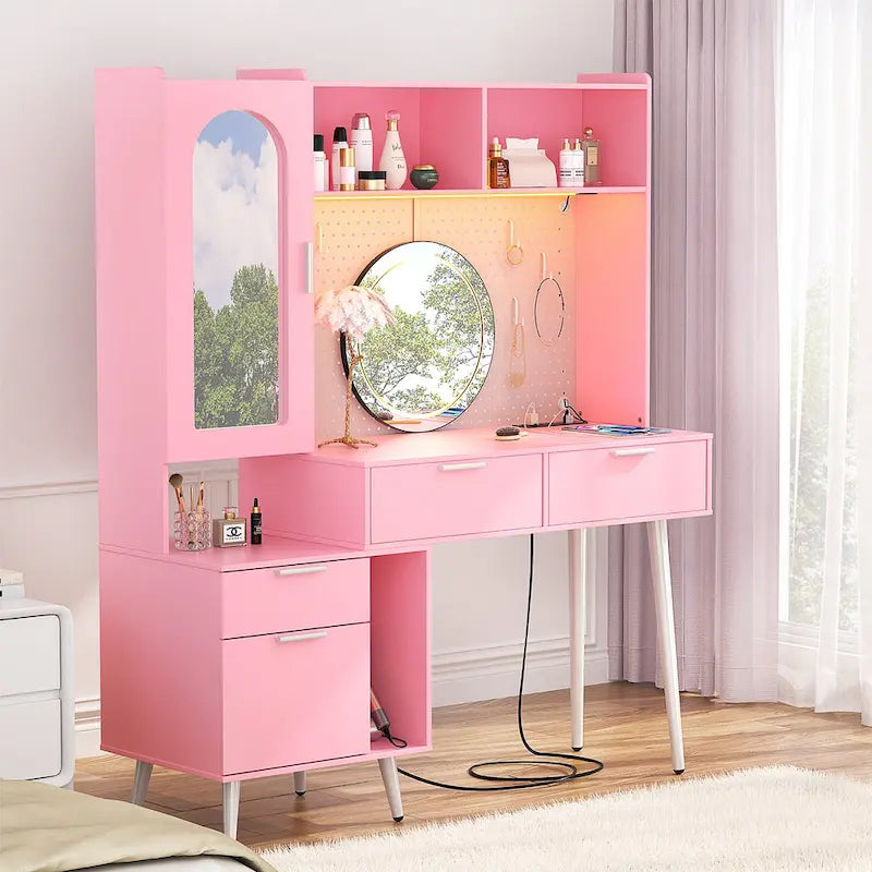 Tocador de Maquillaje Blanco/Cian/Rosa/Negro con Tablero Perforado y Estantería, Luz LED y Estación de Carga, 1 Persona