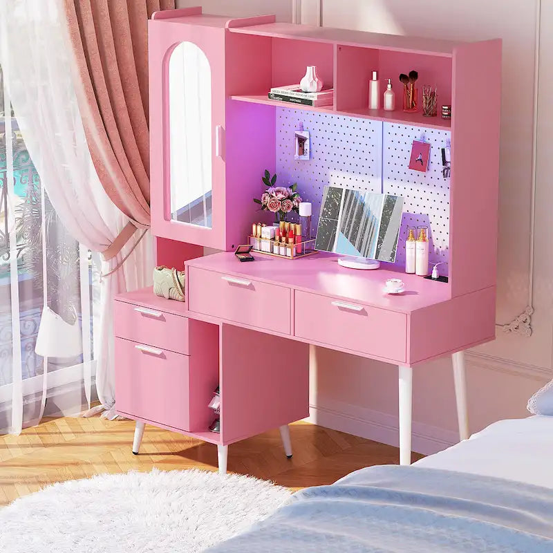Tocador de Maquillaje Blanco/Cian/Rosa/Negro con Tablero Perforado y Estantería, Luz LED y Estación de Carga, 1 Persona