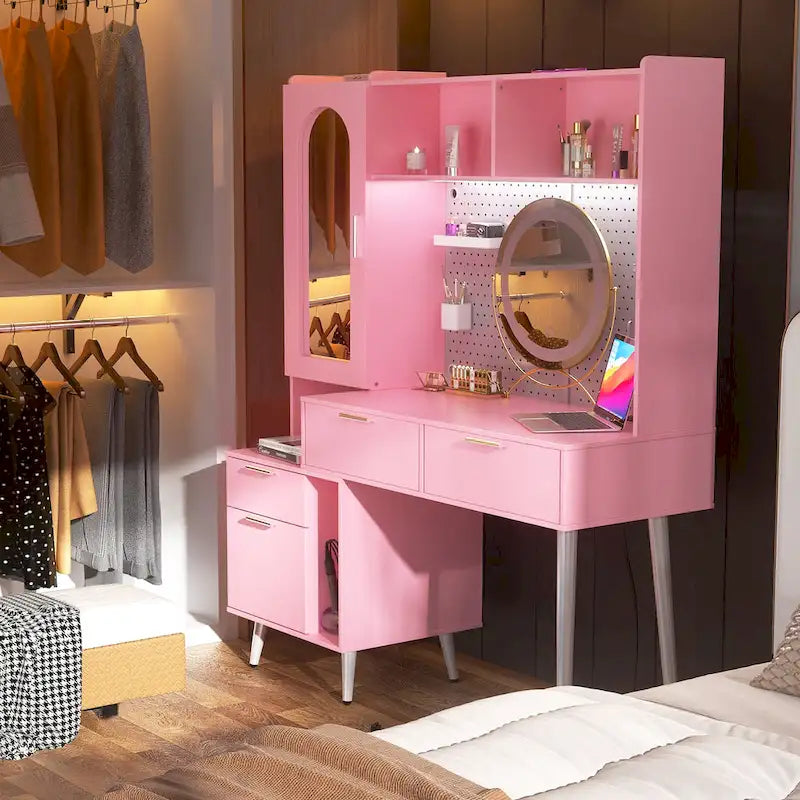 Tocador de Maquillaje Blanco/Cian/Rosa/Negro con Tablero Perforado y Estantería, Luz LED y Estación de Carga, 1 Persona
