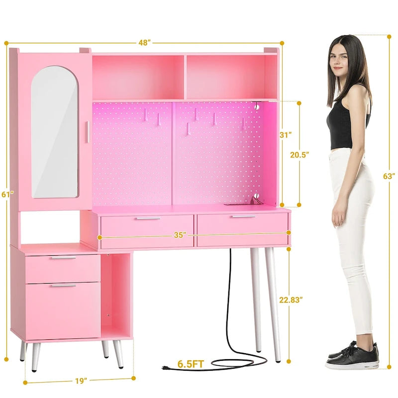 Tocador de Maquillaje Blanco/Cian/Rosa/Negro con Tablero Perforado y Estantería, Luz LED y Estación de Carga, 1 Persona