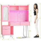 Tocador de Maquillaje Blanco/Cian/Rosa/Negro con Tablero Perforado y Estantería, Luz LED y Estación de Carga, 1 Persona