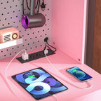 Tocador de Maquillaje Blanco/Cian/Rosa/Negro con Tablero Perforado y Estantería, Luz LED y Estación de Carga, 1 Persona