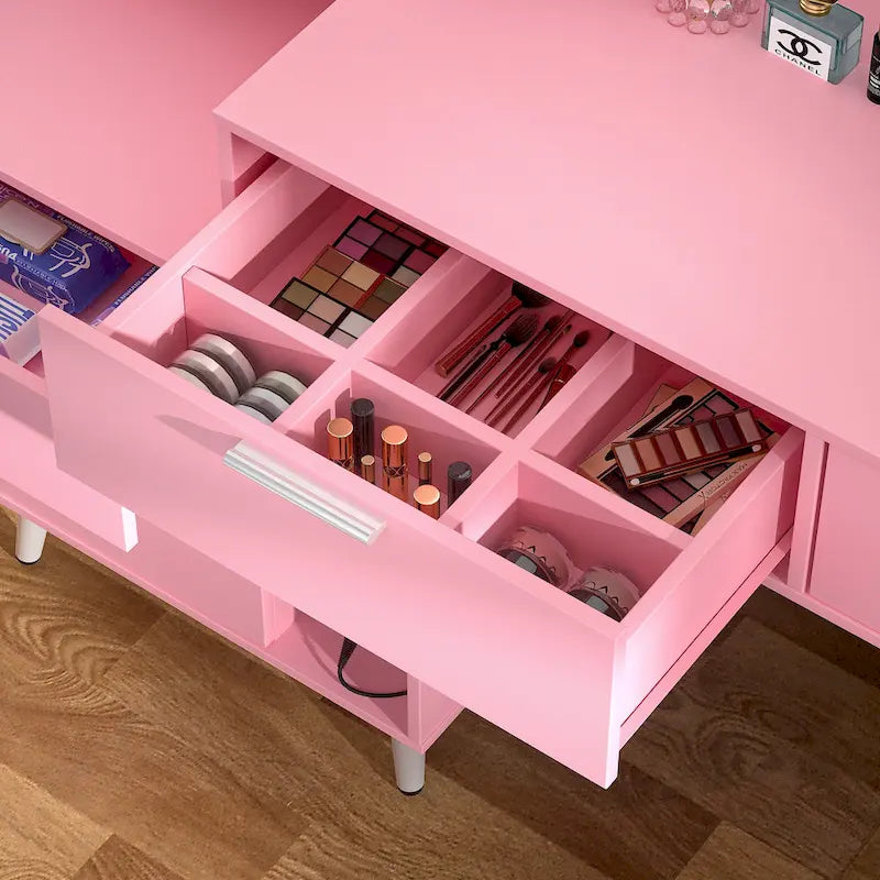 Tocador de Maquillaje Blanco/Cian/Rosa/Negro con Tablero Perforado y Estantería, Luz LED y Estación de Carga, 1 Persona