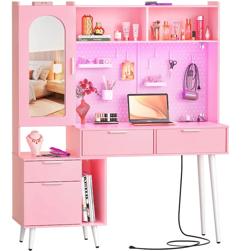 Tocador de Maquillaje Blanco/Cian/Rosa/Negro con Tablero Perforado y Estantería, Luz LED y Estación de Carga, 1 Persona