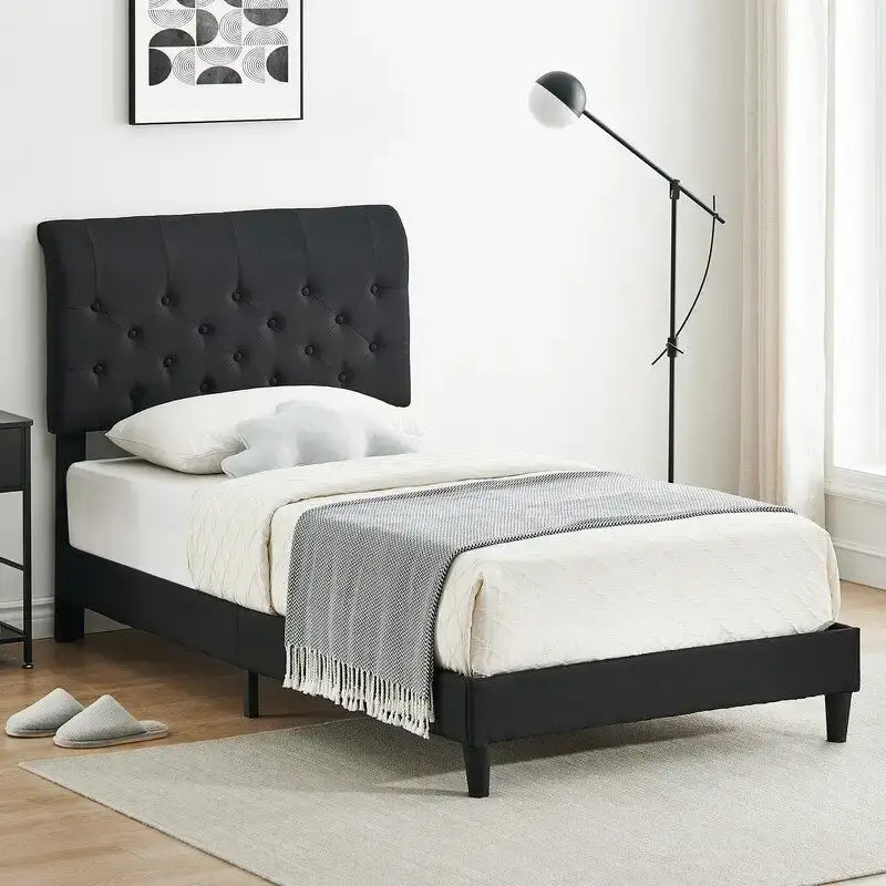Base de cama de plataforma doble negra con cabecero tapizado curvo ajustable, 1 persona