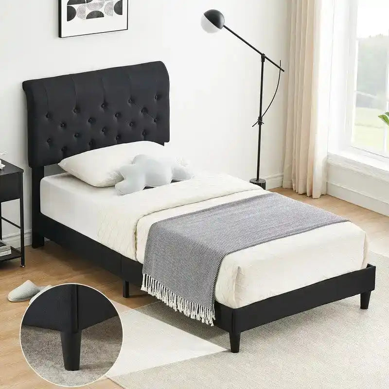 Base de cama de plataforma doble negra con cabecero tapizado curvo ajustable, 1 persona