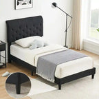 Base de cama de plataforma doble negra con cabecero tapizado curvo ajustable, 1 persona
