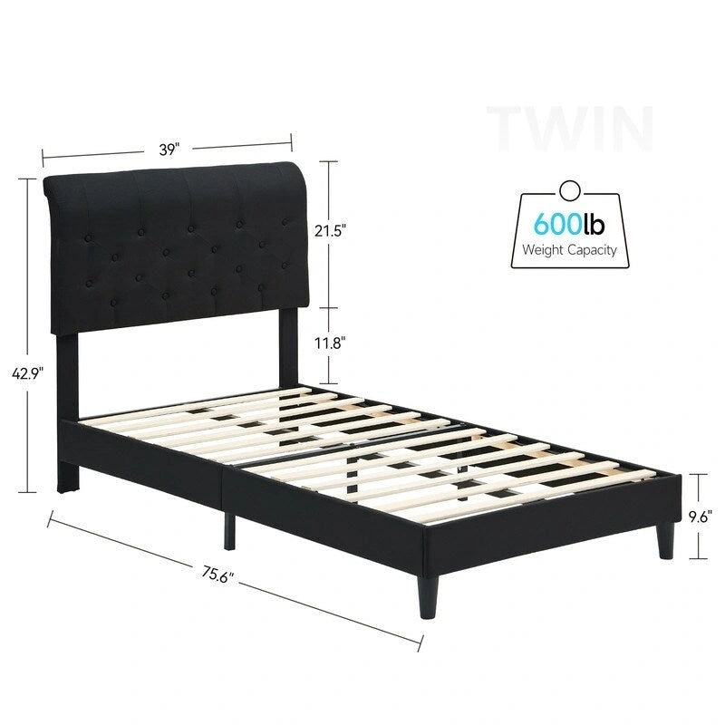 Base de cama de plataforma doble negra con cabecero tapizado curvo ajustable, 1 persona