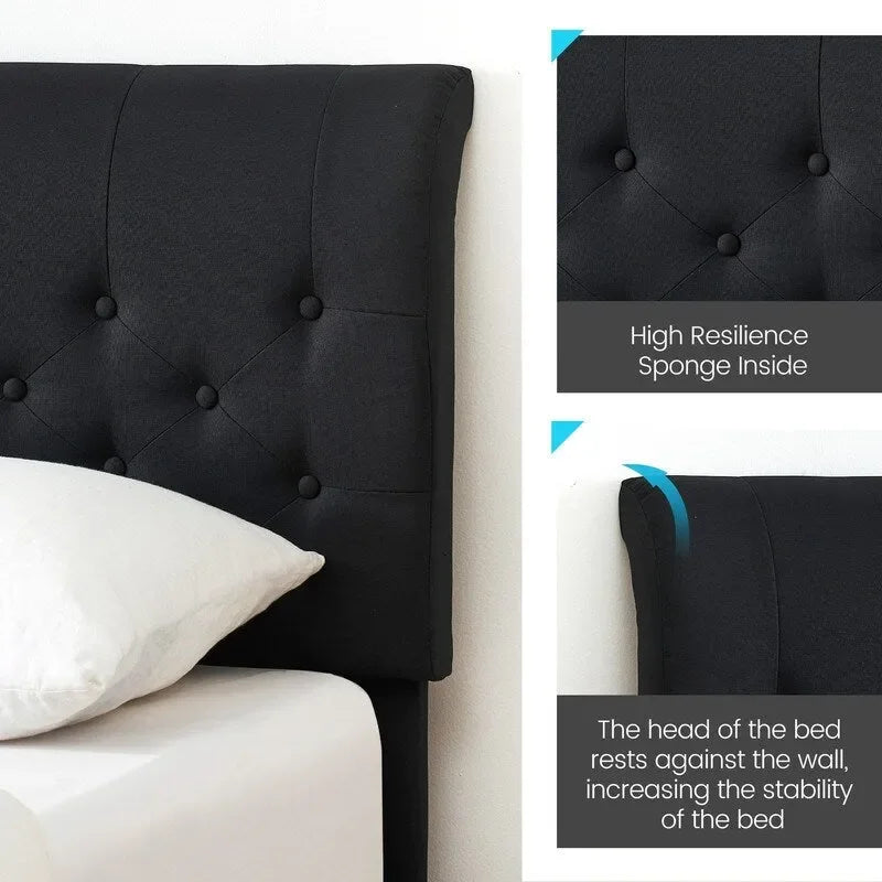 Base de cama de plataforma doble negra con cabecero tapizado curvo ajustable, 1 persona